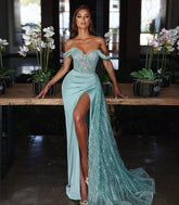 Long Mermaid Off the shoulder Sequins Satin Evening Prom Dress with Slit
